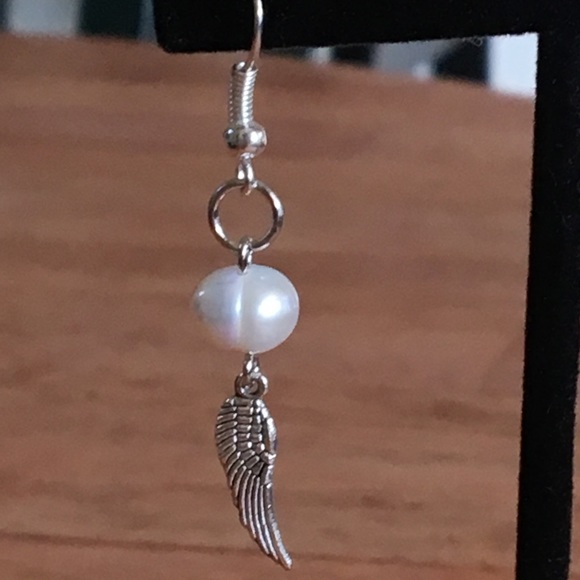 SOLD White Pearl Silver Angel Wing Earrings - Picture 2 of 7